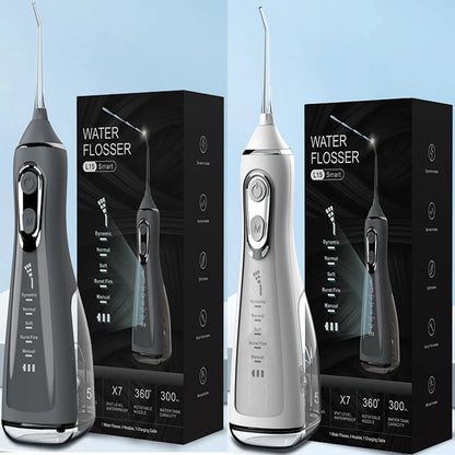 Portable R.E.D. Shopping oral irrigator water flosser with 4 nozzles, 300ml water tank, 5 modes, waterproof IPX7, USB rechargeable.