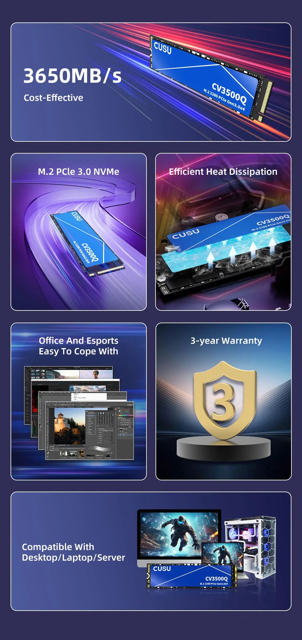 CUSU M.2 NVMe SSD | PCIe 3.0 | 256GB–2TB | 2280 | Internal SSD for Laptop & Desktop