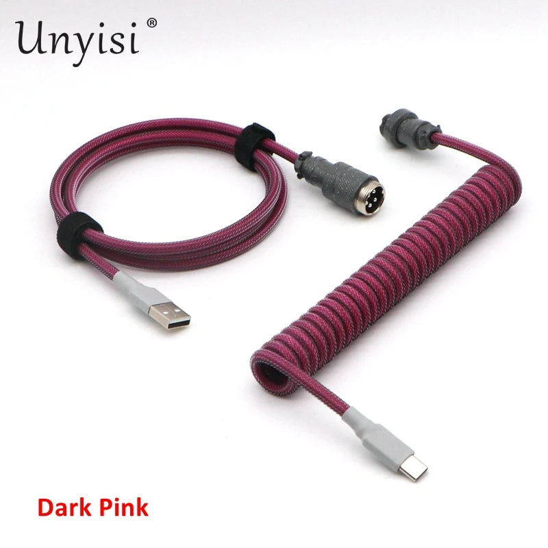 Handmade paracord and PET coiled USB-A to USB-C cable with GX16 aviator connector for mechanical keyboards, by R.E.D. Shopping.