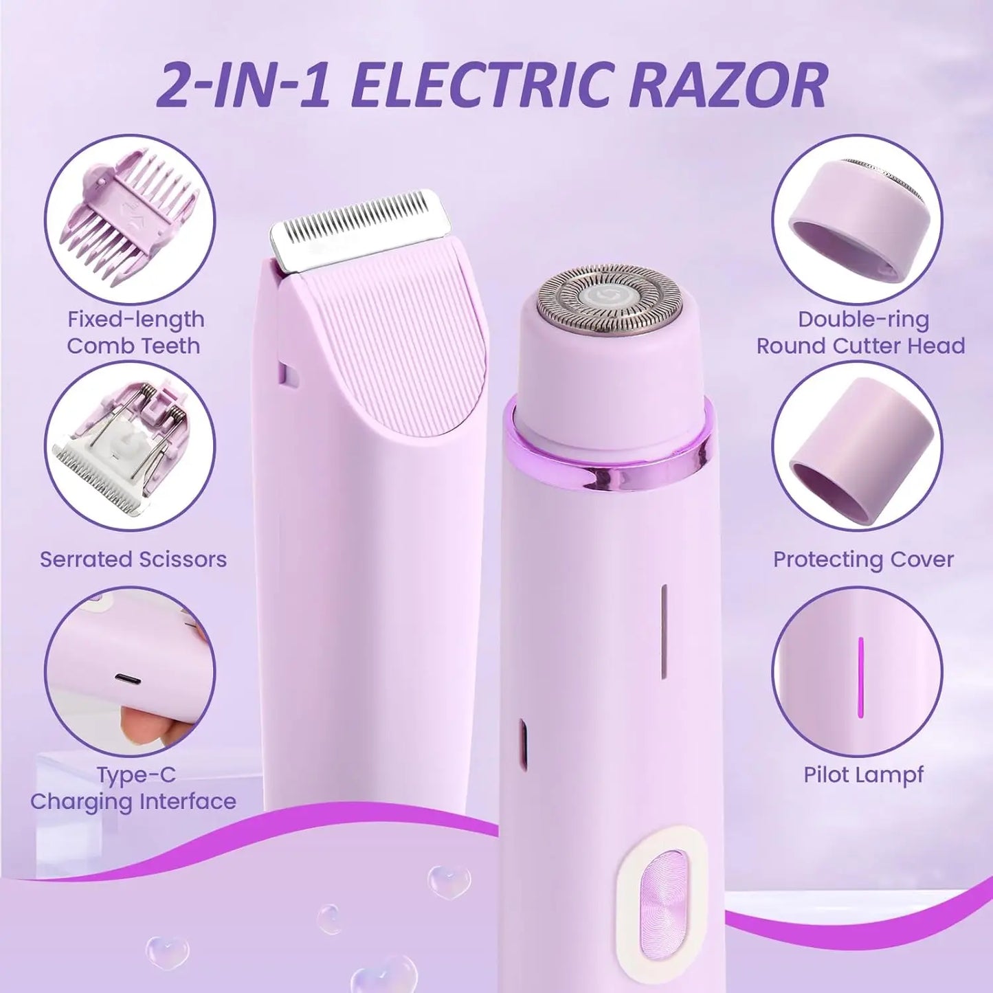 Electric Razor for Women – 2-in-1 Bikini & Body Hair Trimmer, IPX7 Waterproof, Wet & Dry Use