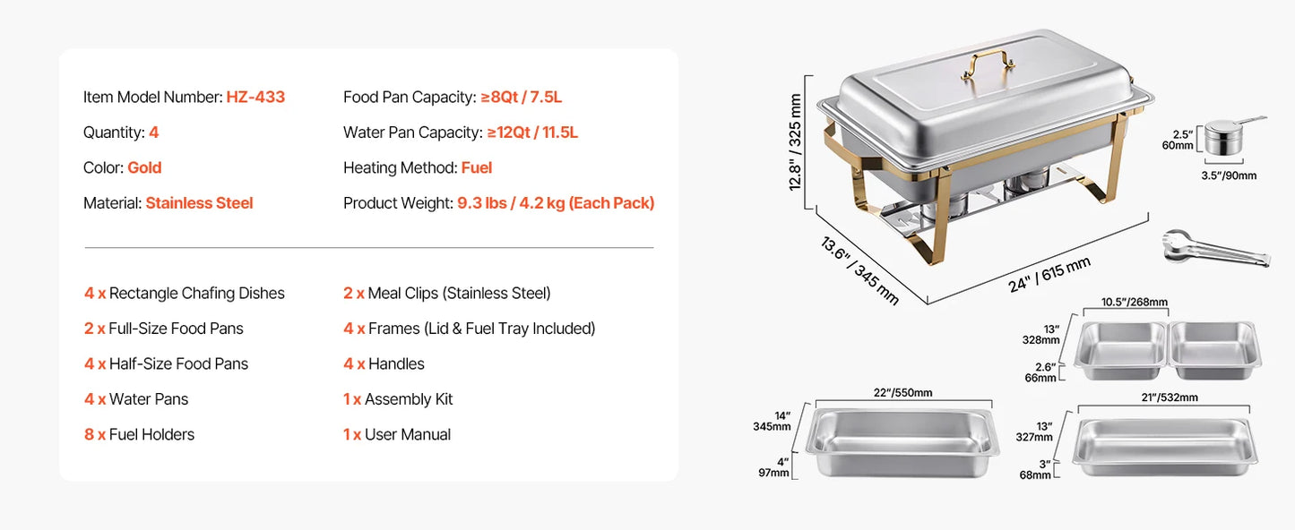 SucceBuy 8 Qt Chafing Dish Buffet Set 4-Pack | Stainless Steel, Full & Half Size Pans, Catering Warmer