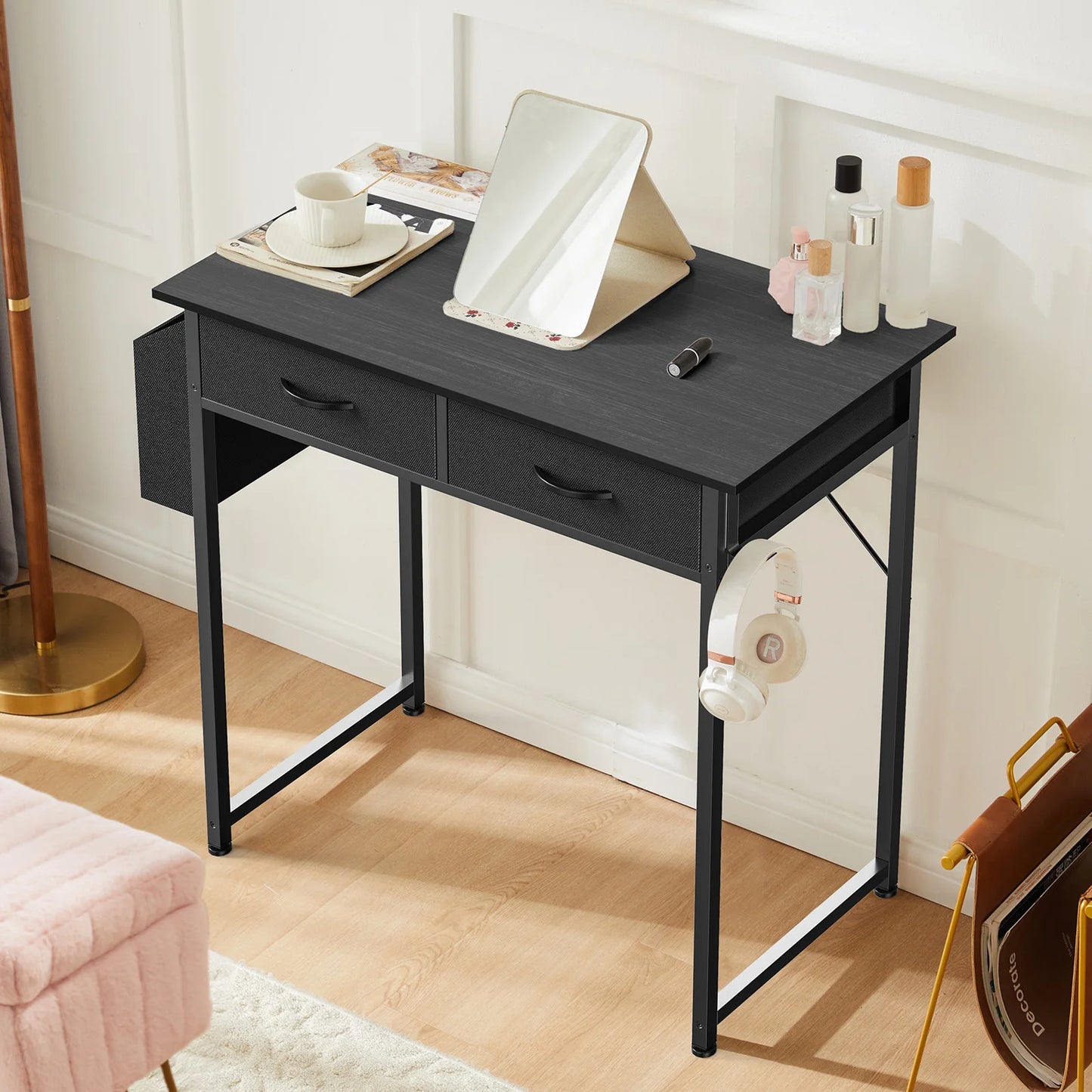 JHK 32" Office Desk with Fabric Storage Drawers & Side Bag – Metal Frame Home PC Table