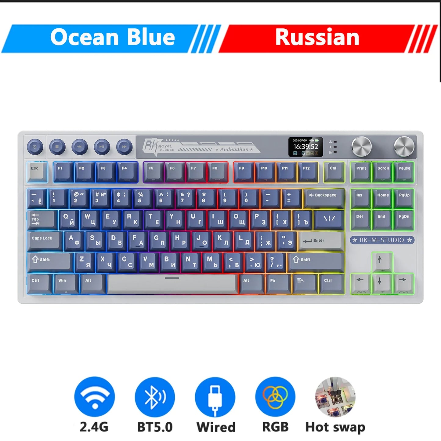 RK Royal Kludge M87 Wireless Mechanical Keyboard – 87 Key, Hot-Swap, BT/2.4G/USB-C, TFT Screen