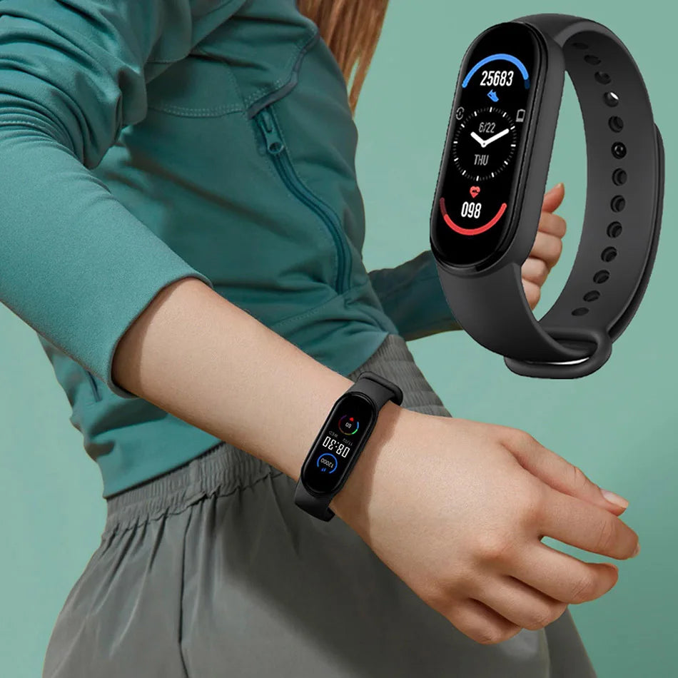 R.E.D. Shopping M6 Smart Fitness Bracelet displaying a digital screen with heart rate and sleep data, waterproof design