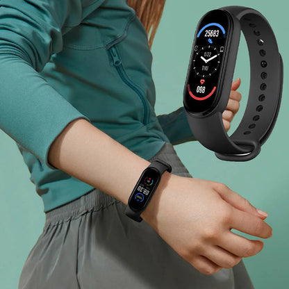 R.E.D. Shopping M6 Smart Fitness Bracelet displaying a digital screen with heart rate and sleep data, waterproof design