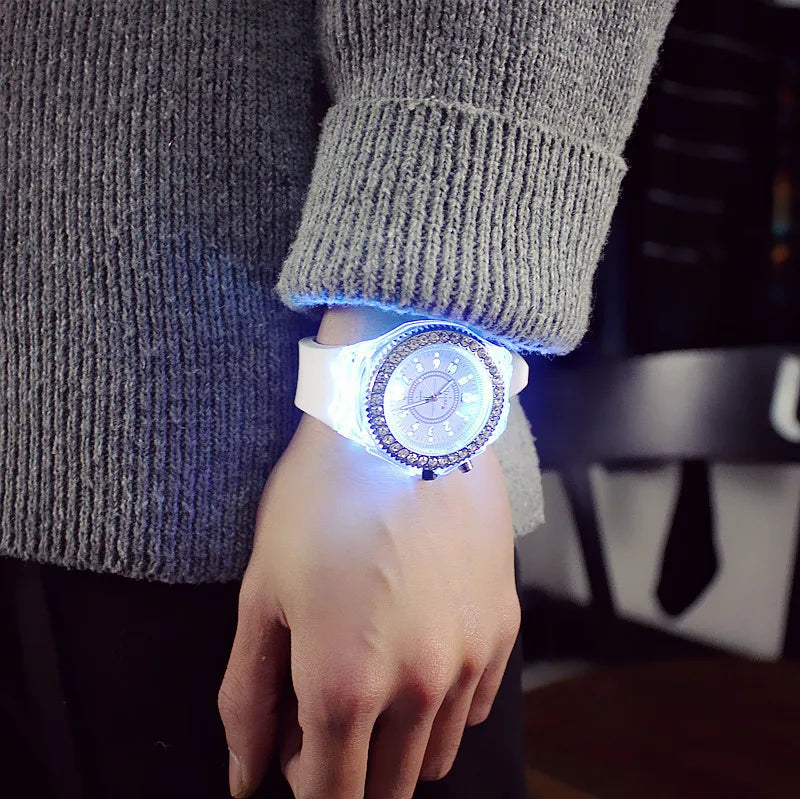 LED Flash Luminous Watch by R.E.D. Shopping featuring rhinestones and silicone strap, suitable for kids and adults.