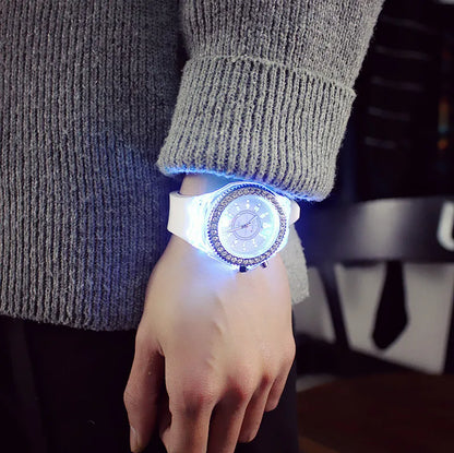 LED Flash Luminous Watch by R.E.D. Shopping featuring rhinestones and silicone strap, suitable for kids and adults.
