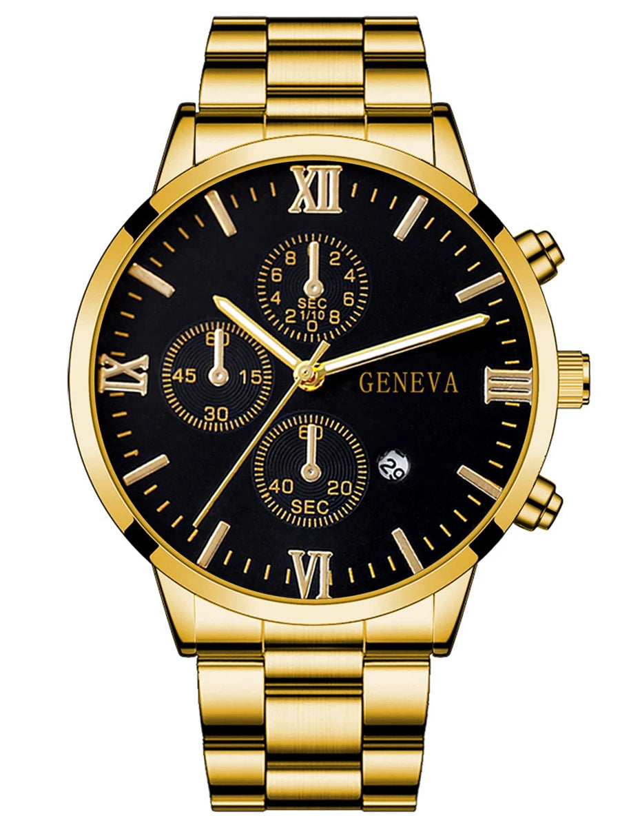 Gold men's watch, necklace, bracelet, and ring in a 4-piece jewelry gift set featuring Roman quartz watch and accessories.