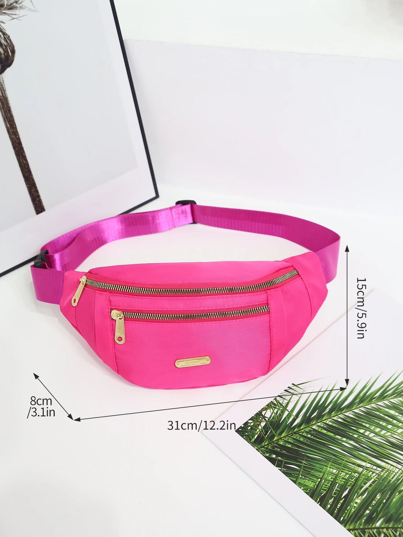 Red women's sports waist bag with multiple compartments, worn as a fanny pack or crossbody for outdoor activities.