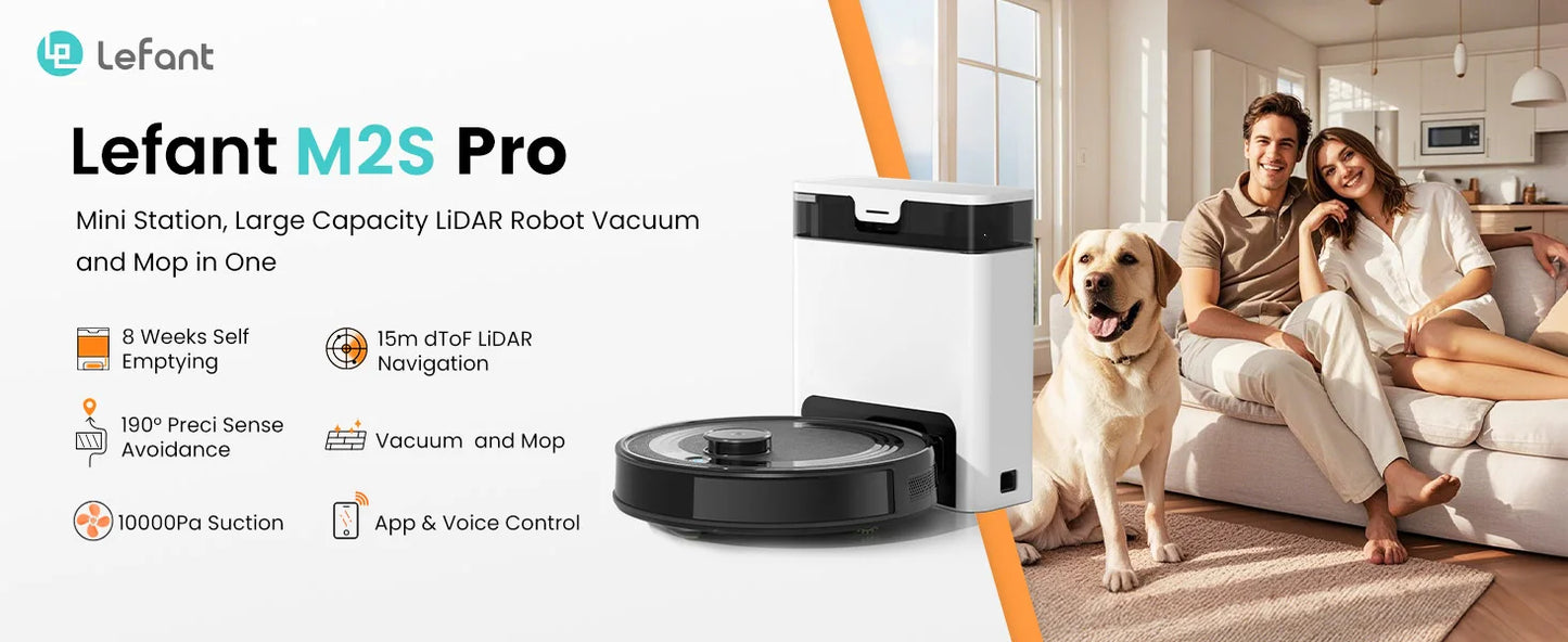 Lefant M2S Pro Robot Vacuum Cleaner – 10,000Pa, 240 Min, DTOF Laser Navigation, Auto-Empty, Ideal for Pet Hair