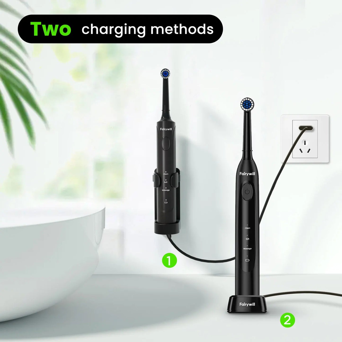 Fairywill T2233 Electric Toothbrush – Sonic Rotation, 4 Heads, 3 Modes, Rechargeable