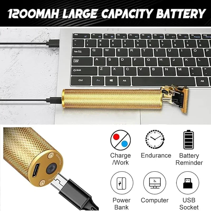 R.E.D. Shopping T9 Professional Hair Clipper with USB fast charging, beard and body trimmer, black and silver design, close-up of blades