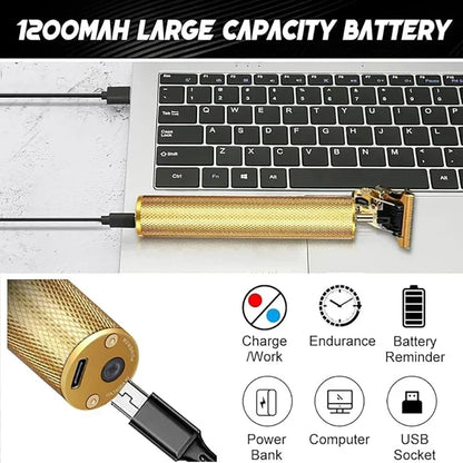 R.E.D. Shopping T9 Professional Hair Clipper with USB fast charging, beard and body trimmer, black and silver design, close-up of blades