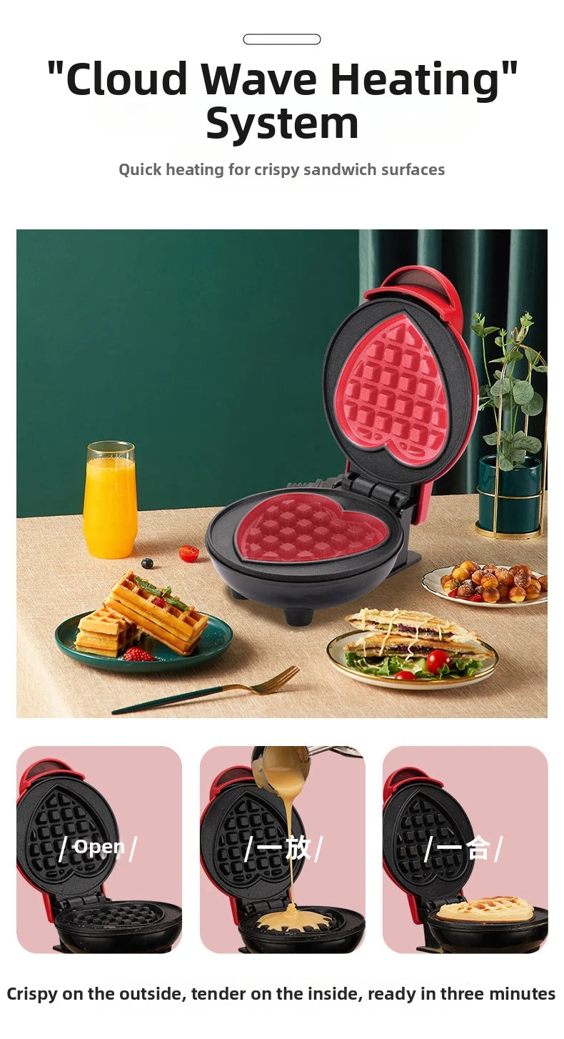 Mini Electric Waffle Maker – Double-Sided Heating, Sandwich & Breakfast Maker | Round & Heart Shape | US/EU/UK