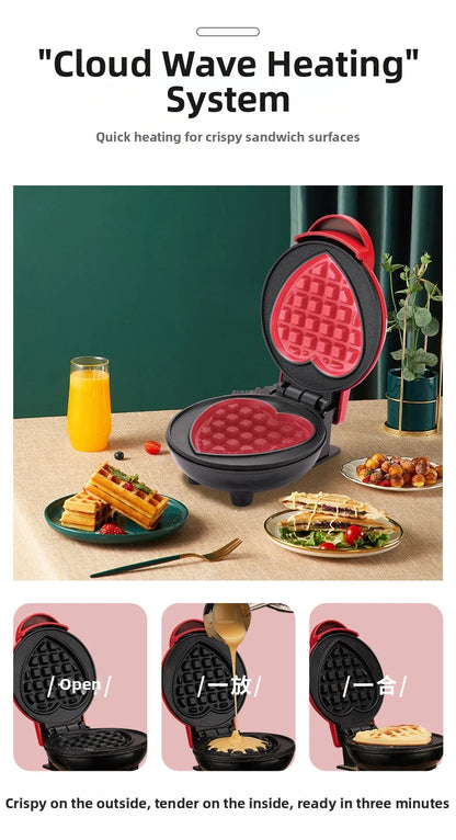 Mini Electric Waffle Maker – Double-Sided Heating, Sandwich & Breakfast Maker | Round & Heart Shape | US/EU/UK