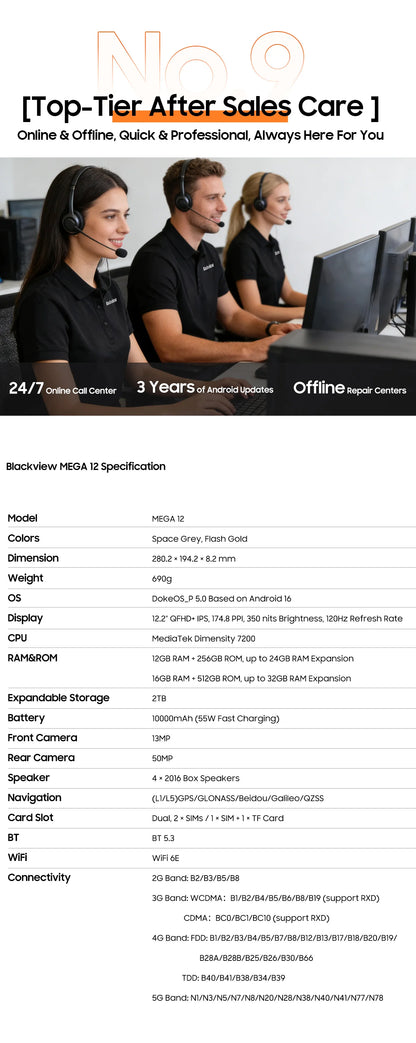 Blackview MEGA 12 Tablet | 12.2" 2.4K 120Hz | Dimensity 7200 | 50MP | 10000mAh | 5G | Android 16