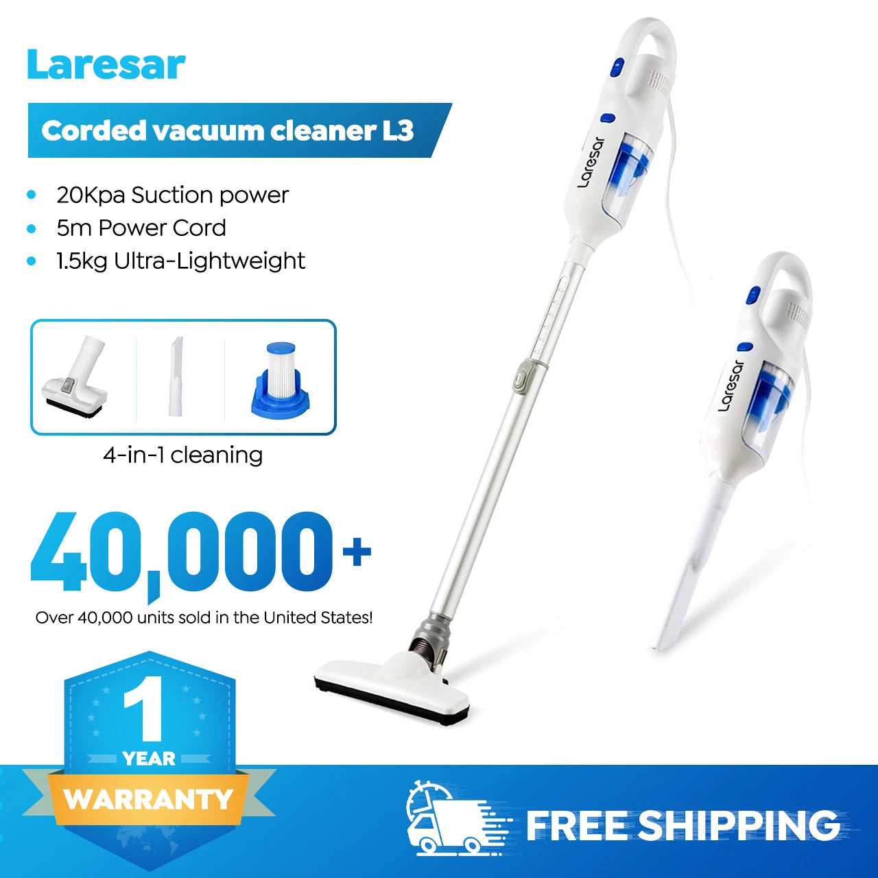 R.E.D. Shopping Laresar L3 cordless vacuum cleaner with 400W power, 20Kpa suction, washable HEPA filter, and pet hair removal.