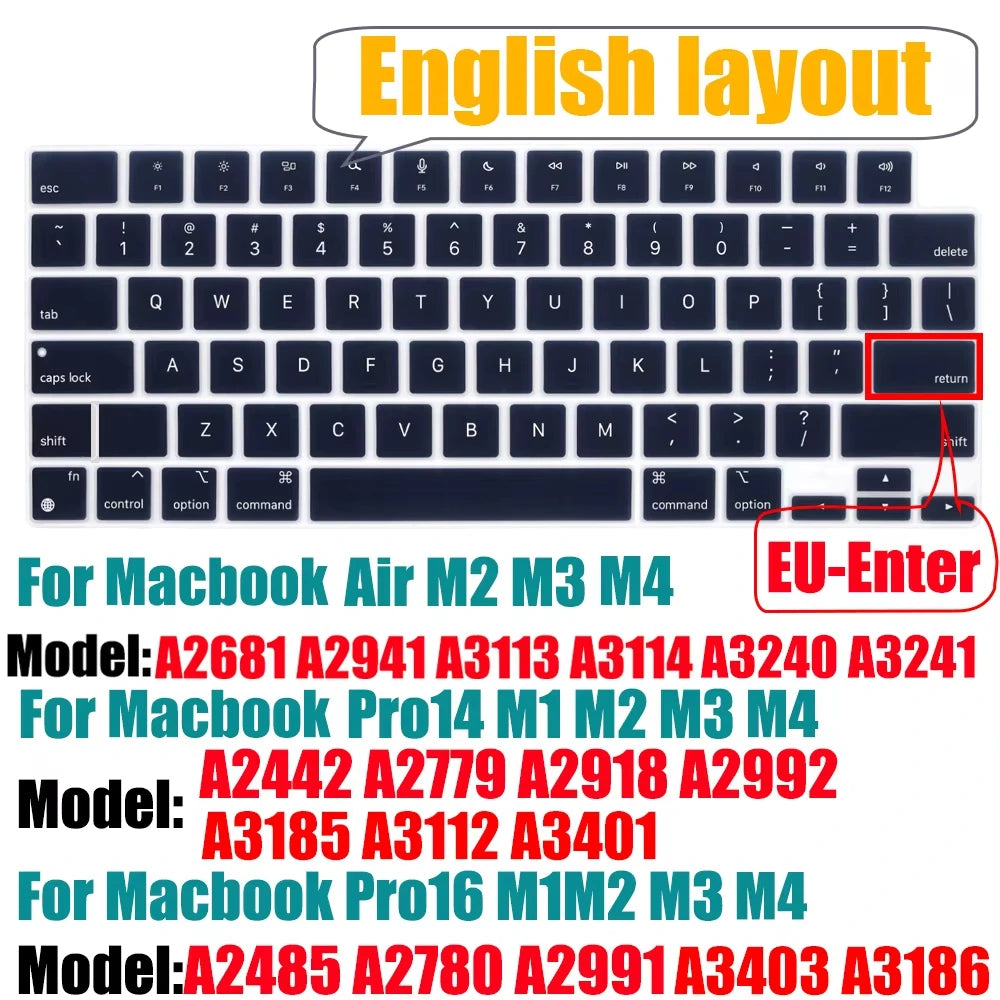 Silicone Keyboard Protector Cover for MacBook Air & Pro – A1369 A1466 A2179 A2337 A2251 A2289 A2338 A2681 | US Layout