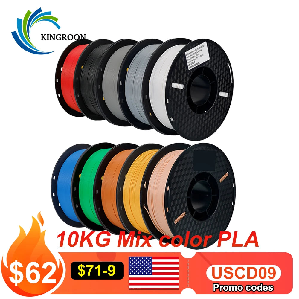 Multicolor PLA 3D Printer Filament – 10KG, 1.75mm, 10 Rolls x 1KG, Free Shipping