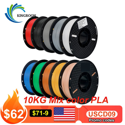 Multicolor PLA 3D Printer Filament – 10KG, 1.75mm, 10 Rolls x 1KG, Free Shipping
