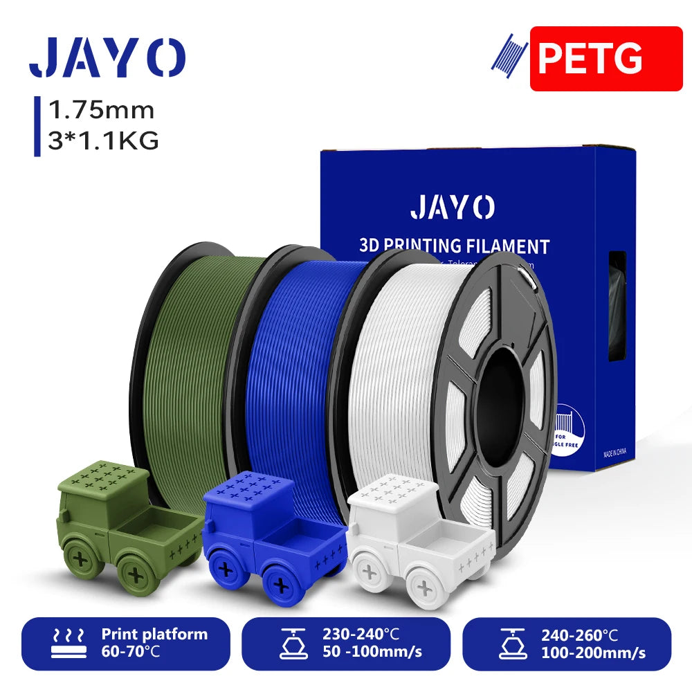 JAYO PETG/High Speed Matte PETG 3D Printing Filament 1.75MM Mix-Colors & No bubbles &Non-toxic For 3D Printer & Pen 3Rolls