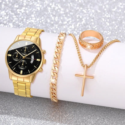 Men’s luxury stainless steel quartz watch with calendar display, stylish business wristwatch by R.E.D. Shopping