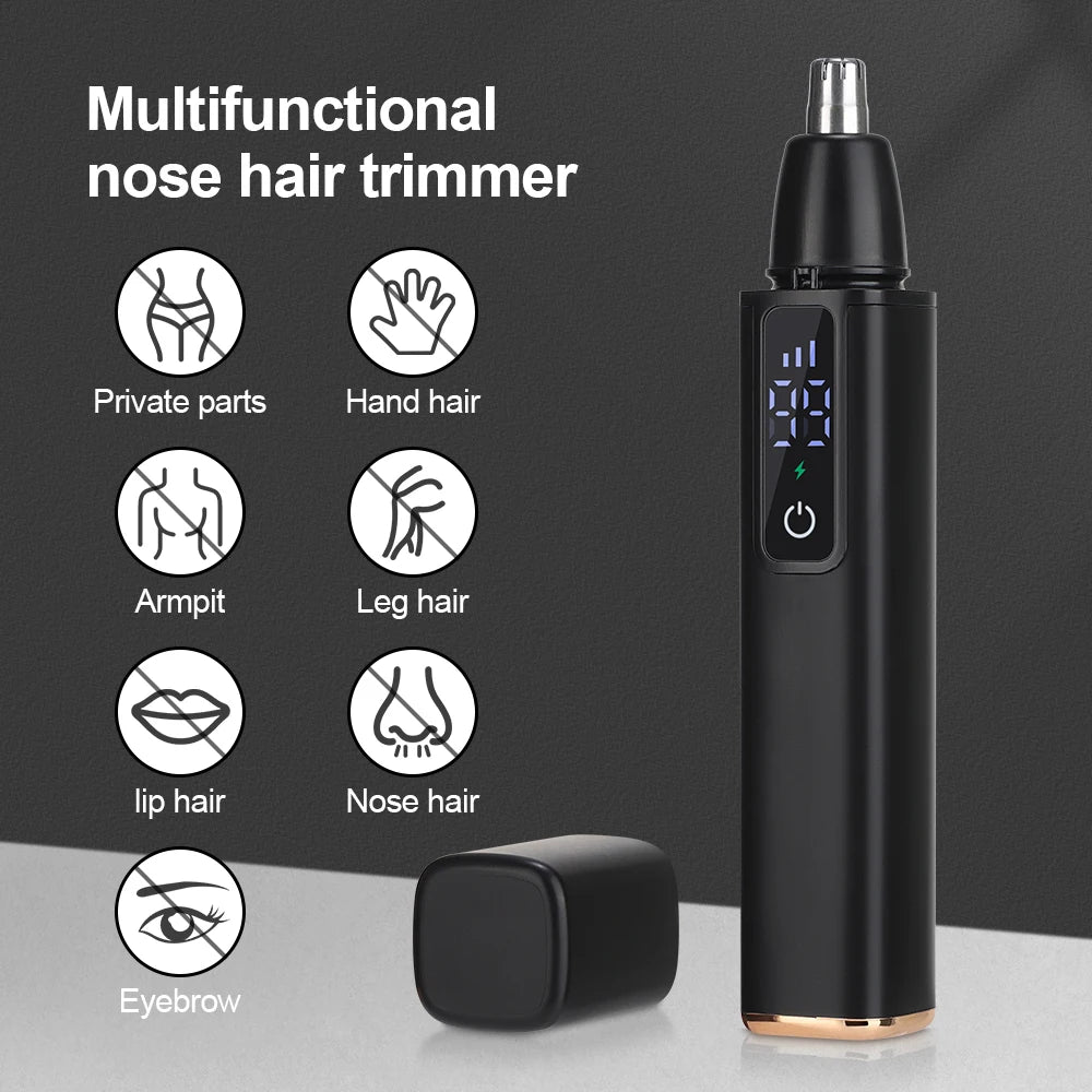 Rechargeable R.E.D. nose hair clipper with stainless steel blades, washable design, suitable for eyebrows, lips, and facial grooming.