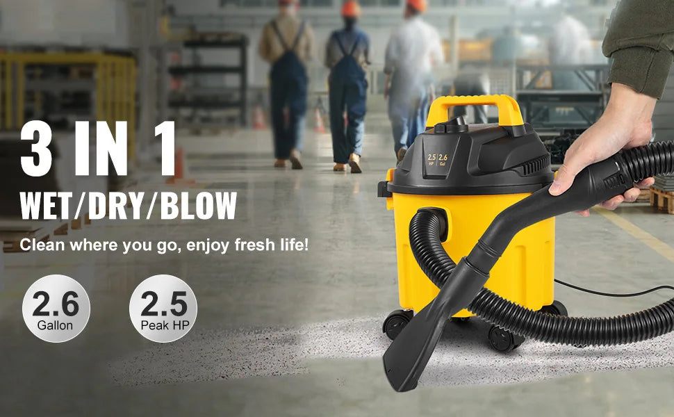 SucceBuy 2.6 Gallon Wet Dry Vac – 2.5 Peak HP, 3-in-1 Portable Shop Vacuum with Blowing Function