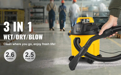 SucceBuy 2.6 Gallon Wet Dry Vac – 2.5 Peak HP, 3-in-1 Portable Shop Vacuum with Blowing Function