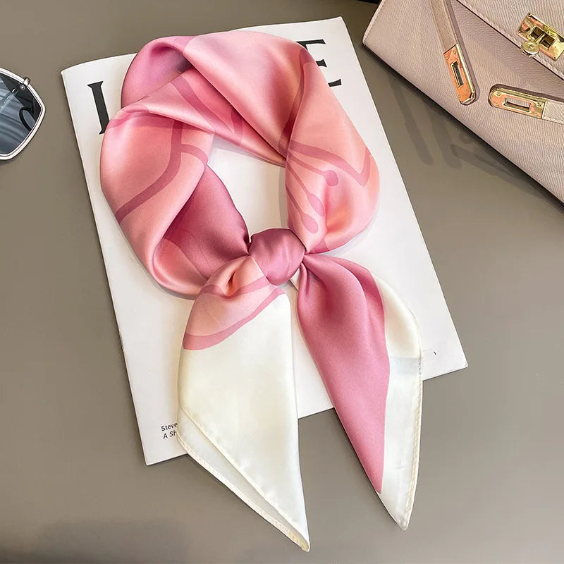 Red square silk scarf from R.E.D. Shopping, styled as a women's hairband and neck shawl, with vibrant silk fabric and elegant design.