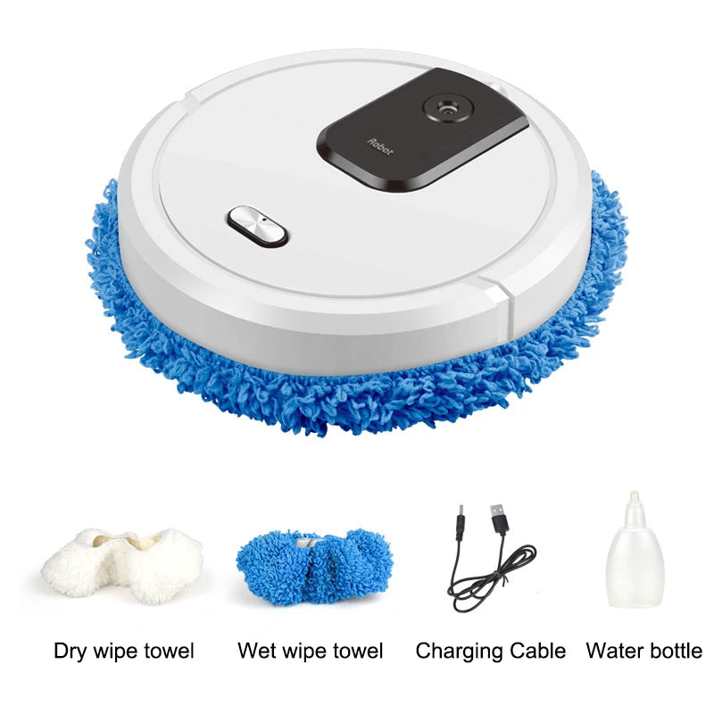 R.E.D. Shopping smart sweeping and mop robot with humidifying spray cleaning a hardwood floor automatically.