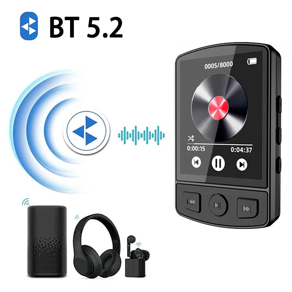 Portable Bluetooth 5.2 MP3/MP4 Music Player – 1.8" Screen, FM Radio, E-Book, Recorder, Clip Sport Walkman