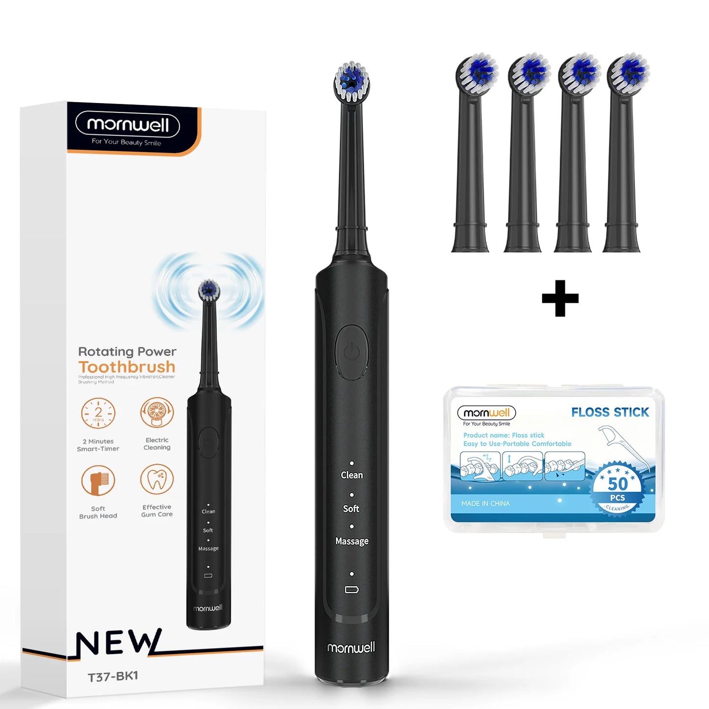 Electric Toothbrush T37 Sonic – 3 Modes, Rotation Clean with 4 Replacement Heads