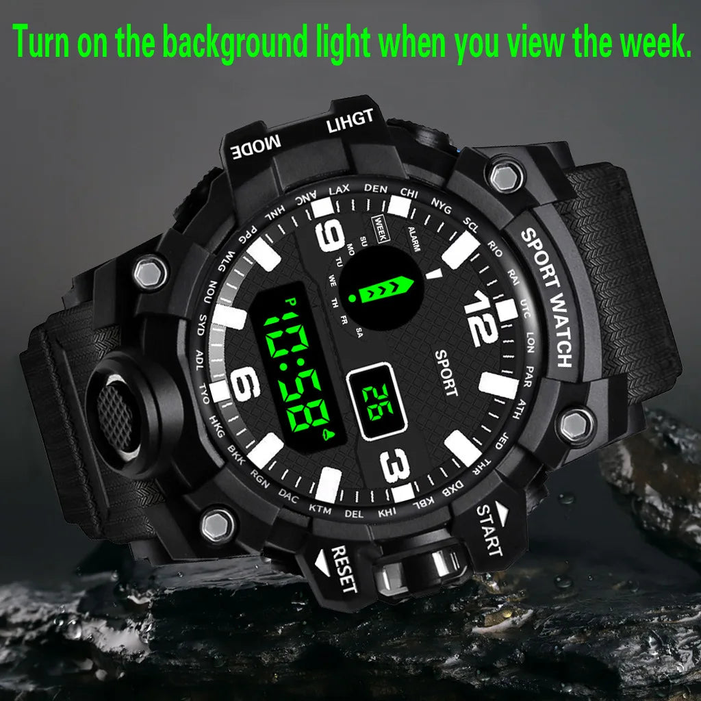 Men's R.E.D. Sports Electronic Wristwatch with large dial, waterproof design, luminous display, and alarm feature.
