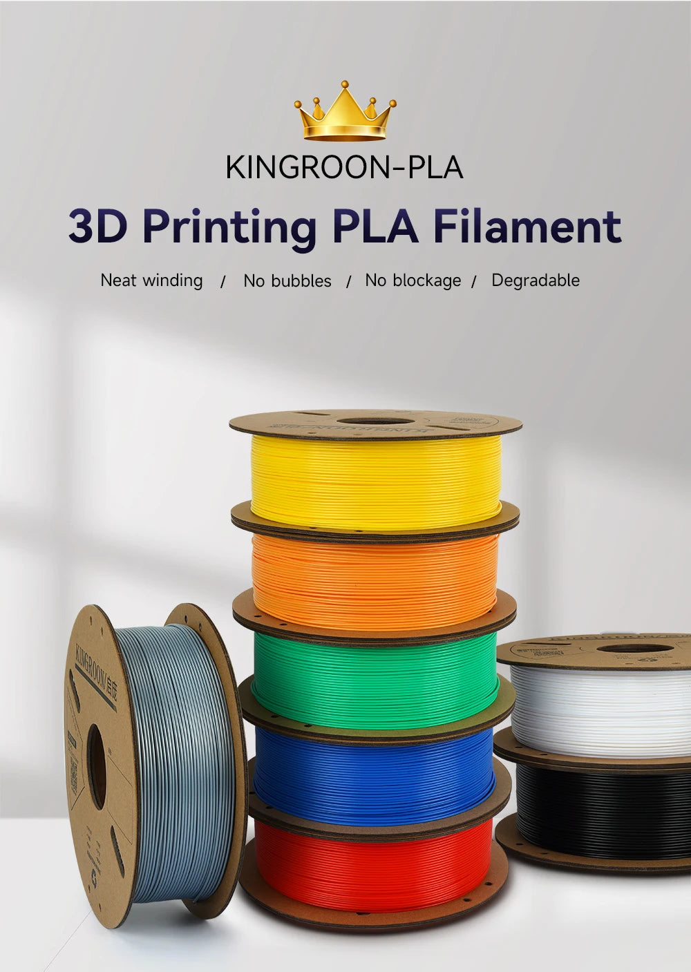 KINGROON PLA Filament 1.75mm – 5 or 10 Rolls, Mixed Colors, No Bubble