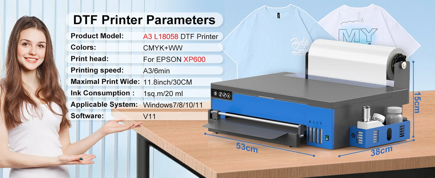 A3 XP600 DTF Printer with Roll Feeder – Direct to Film T-Shirt Printing Machine