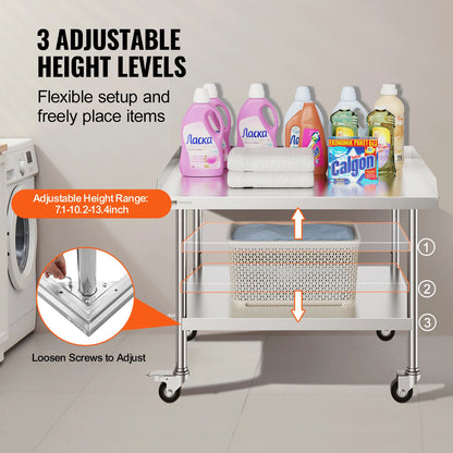 SucceBuy Stainless Steel Work Table – Commercial Food Prep Worktable with 4 Wheels, Heavy Duty