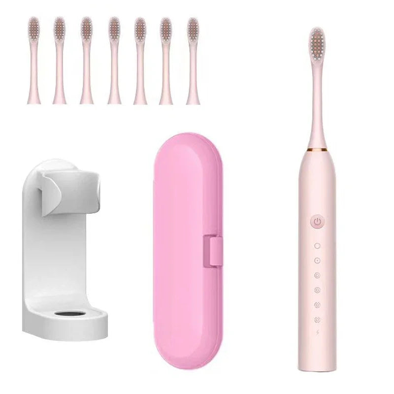 Xiaomi 6 Gear Sonic Electric Toothbrush with 8 brush heads, waterproof design, rechargeable, USB powered, for whitening and oral care.