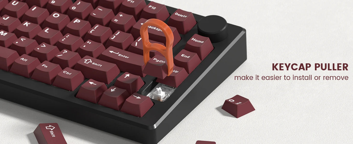 Retro dark red PBT keycap set with 126 cherry profile keys for mechanical keyboards, featuring double shot construction.