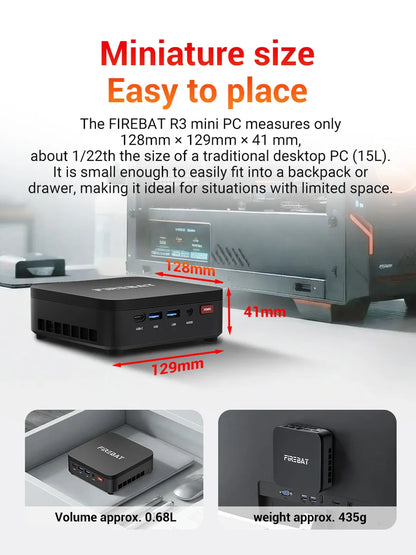 FIREBAT R3 Mini PC AMD Ryzen 3 4300U | 16GB RAM | 512GB SSD | WiFi 6 | 3×4K | Windows 11