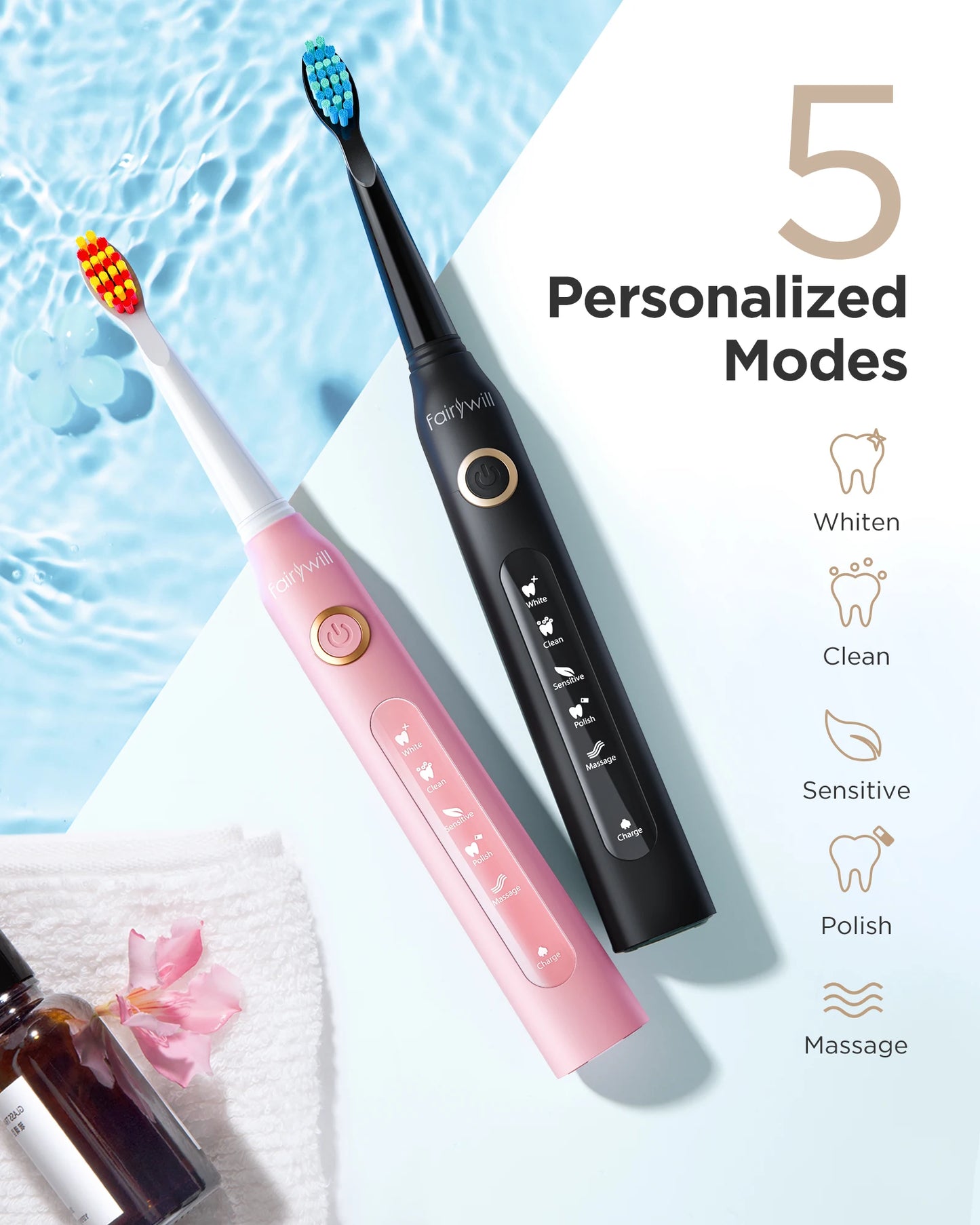 Fairywill FW-D7 Sonic Electric Toothbrush | 5 Modes | USB | Smart Timer | Travel Case