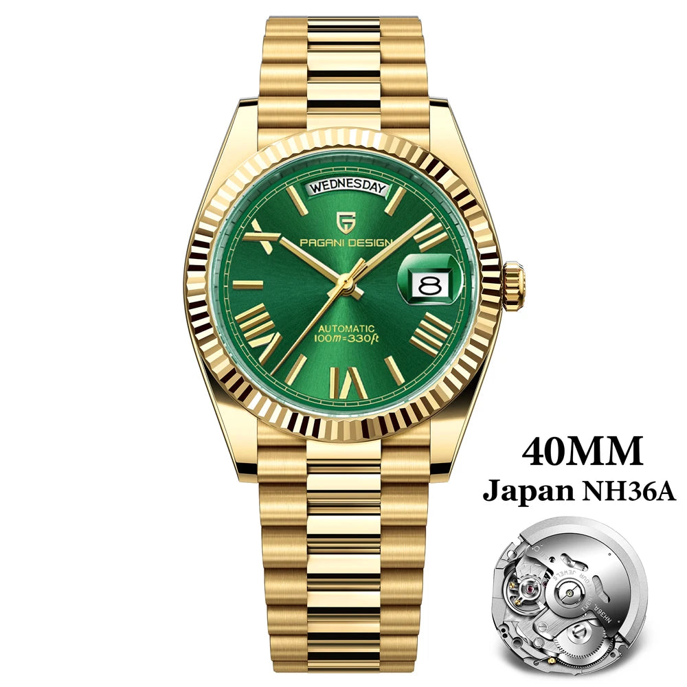 PAGANI DESIGN Men's Automatic Watch – 40mm, NH36A, AR Sapphire Glass, Date & Week, Gold Green