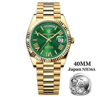 PAGANI DESIGN Men's Automatic Watch – 40mm, NH36A, AR Sapphire Glass, Date & Week, Gold Green