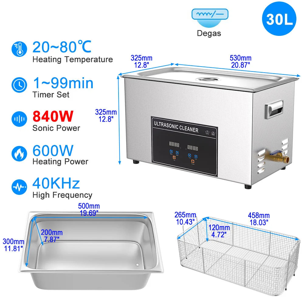 Ultrasonic Cleaner Bath 800ml–30L – Heated 35W–900W Portable Washing Machine, EU/UK/AU/US Plug