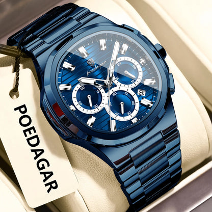 POEDAGAR Men's Luxury Chronograph Watch – Stainless Steel, Waterproof, Luminous, Date