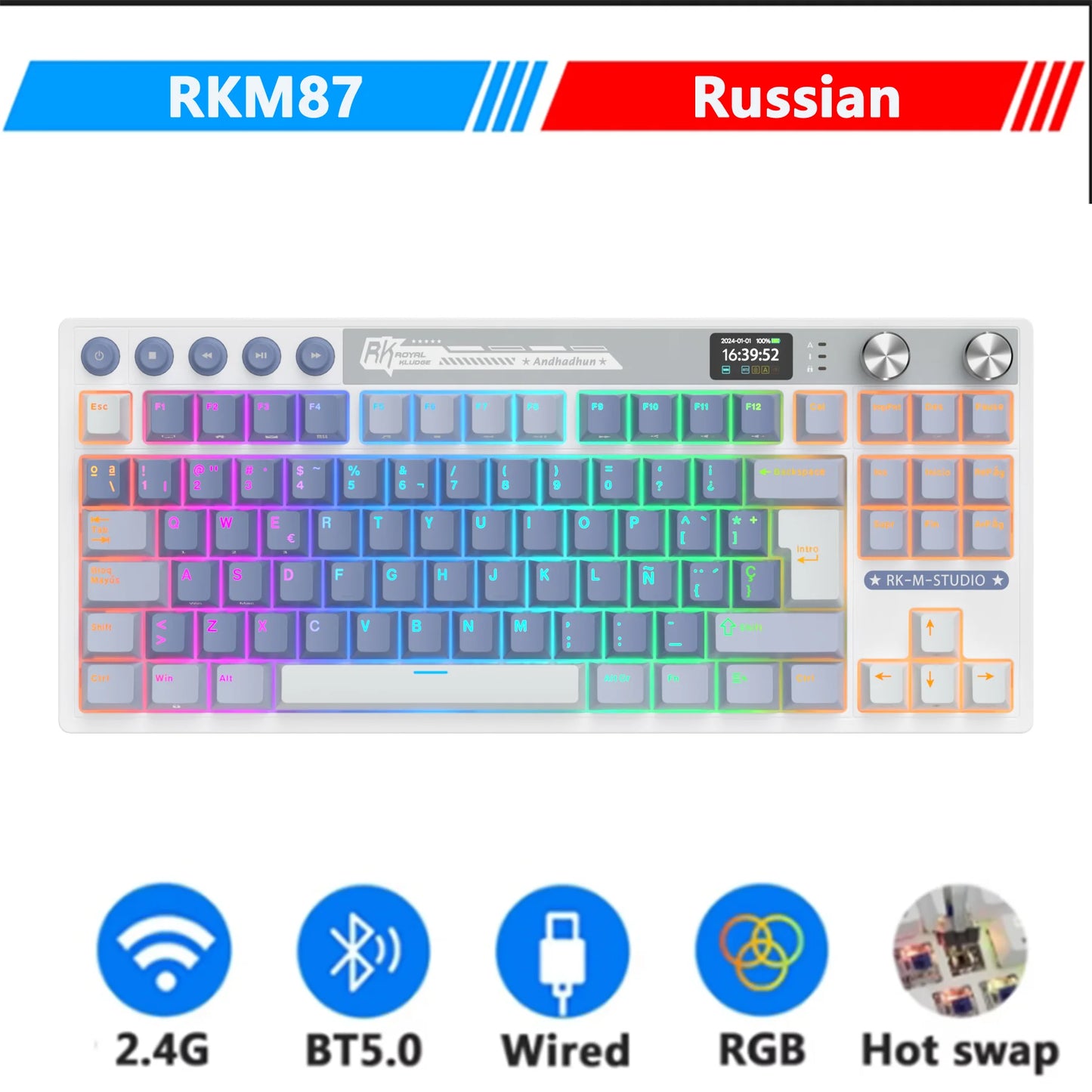 RK Royal Kludge M87 Wireless Mechanical Keyboard – 87 Key, Hot-Swap, BT/2.4G/USB-C, TFT Screen