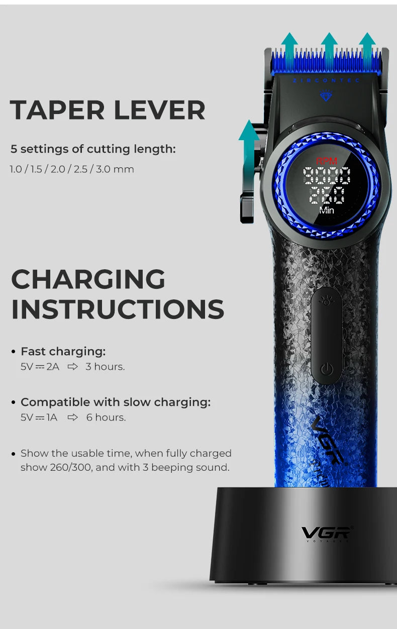 VGR V-001 Professional Hair Clipper – 9000RPM, 21-Speed, DLC Blades, 300min, USB