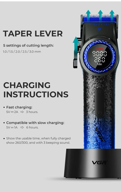 VGR V-001 Professional Hair Clipper – 9000RPM, 21-Speed, DLC Blades, 300min, USB