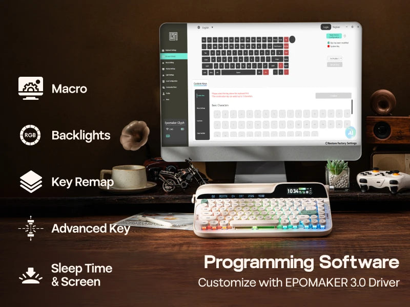 EPOMAKER Glyph 75% Mechanical Keyboard | Retro Typewriter | TFT Screen | Rotary Knob | Wired / 2.4GHz / BT