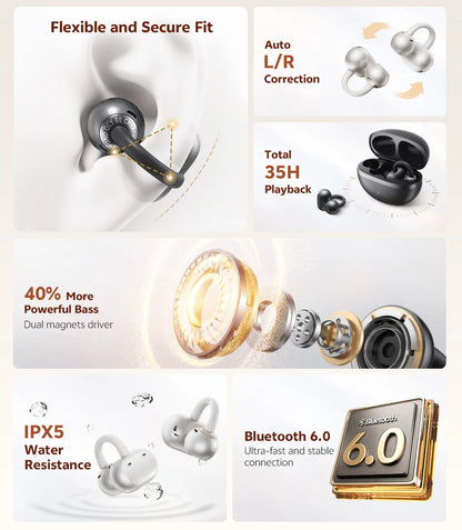 QCY Crossky C50 Open-Ear Clip-On Wireless Earbuds – Bluetooth 6.0, 4 AI Mics, Bass Boost, 60Hrs